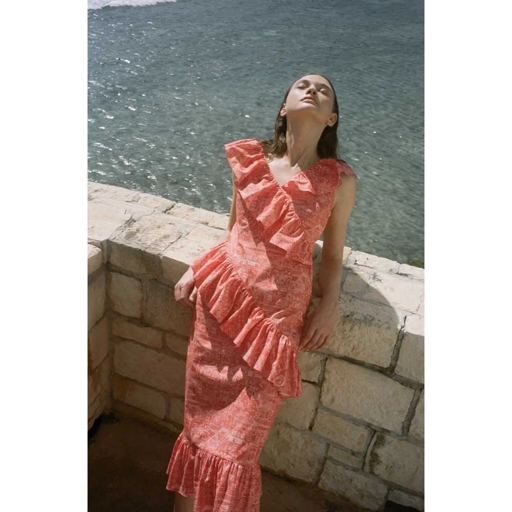 Coco Shop Printed Ruffle Midi Dress Red White